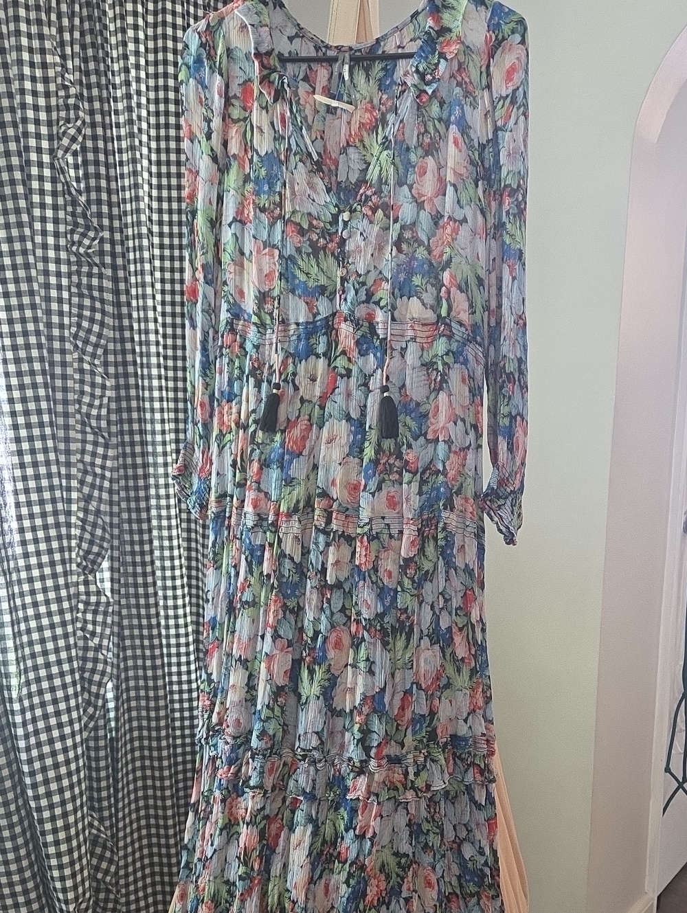 Anthropologie Floral Tiered Maxi Dress in Blue, Pink and Green